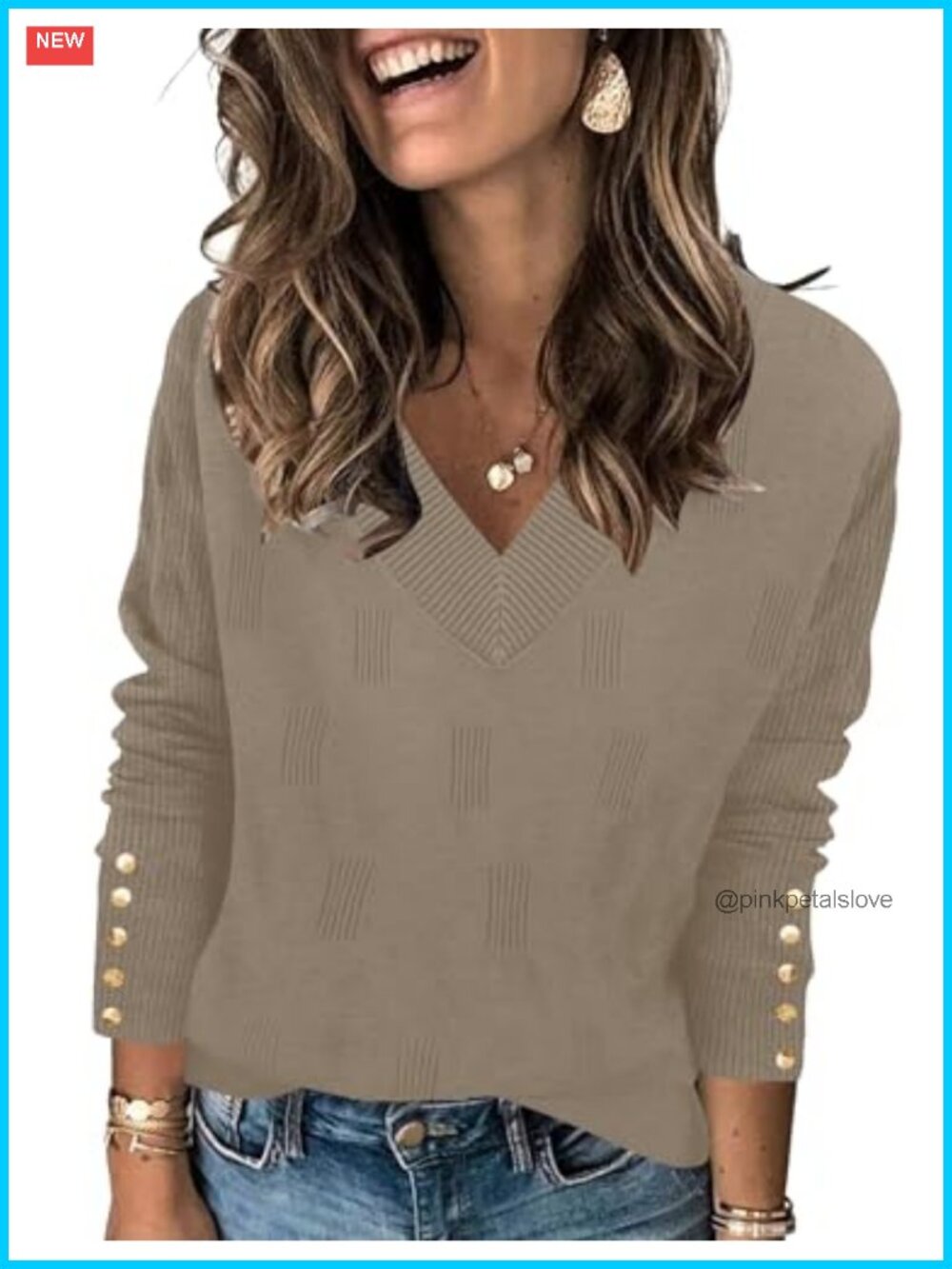 Womens V Neck Long Sleeve Lightweight Knit Pullover Sweater